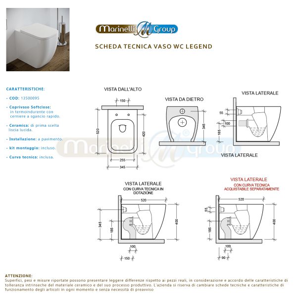 Vaso WC Legend filo muro in ceramica completo di sedile softclose Sanitari Bagno