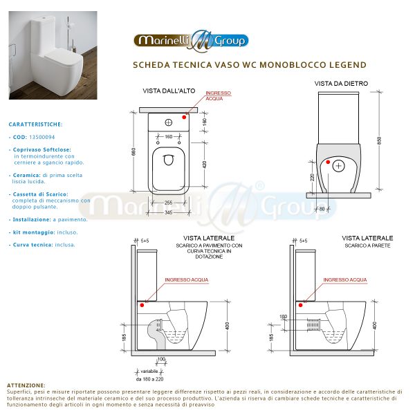 Vaso WC monoblocco Legend filo muro in ceramica completo di sedile softclose Sanitari Bagno