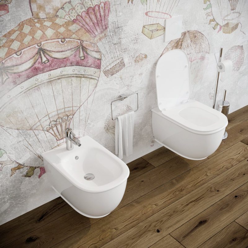 Bidet e Vaso wc sospesi Genesis filo muro in ceramica completo di sedile softclose Sanitari Bagno