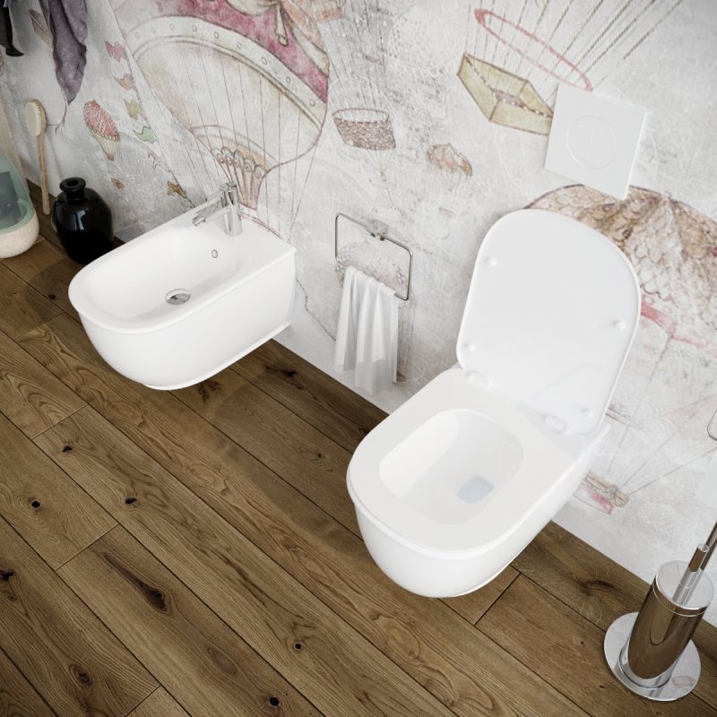 Vaso wc sospeso Genesis filo muro in ceramica completo di sedile softclose Sanitari Bagno