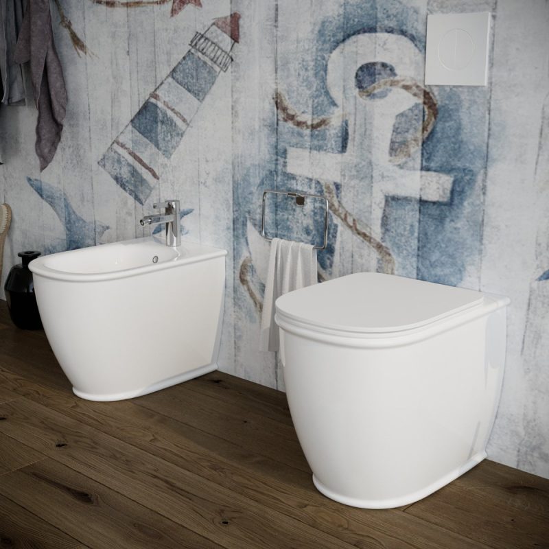 Bidet e Vaso WC Genesis filo muro in ceramica completo di sedile softclose Sanitari Bagno