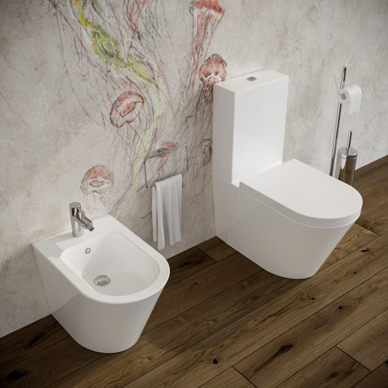 Bidet e Vaso WC monoblocco Arco filo muro in ceramica completo di sedile softclose Sanitari Bagno