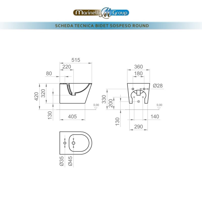 Bidet sospeso filomuro in ceramica Round Sanitari Bagno