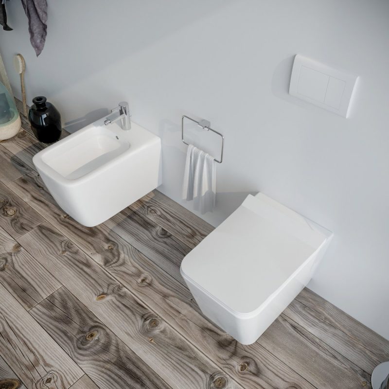 Vaso WC Square sospeso filo muro in ceramica completo di sedile softclose Sanitari Bagno