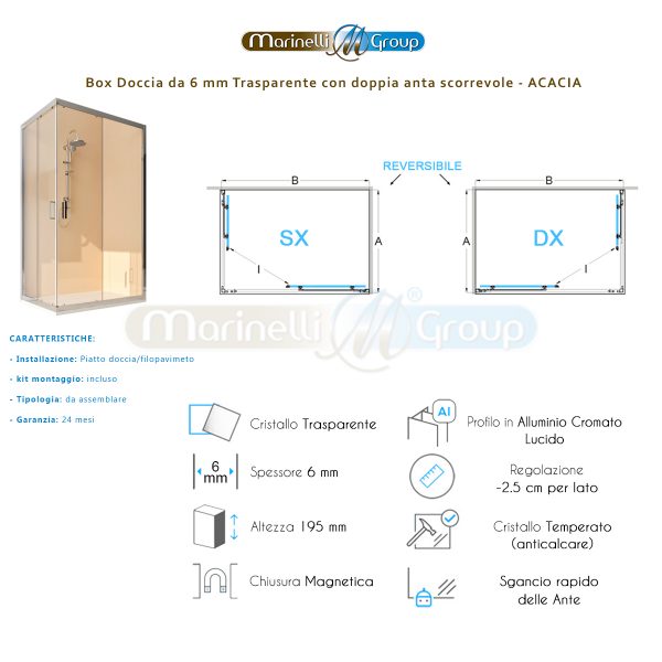 Box doccia angolare 110X110 Acacia trasparente con due ante scorrevoli ARREDO BAGNO