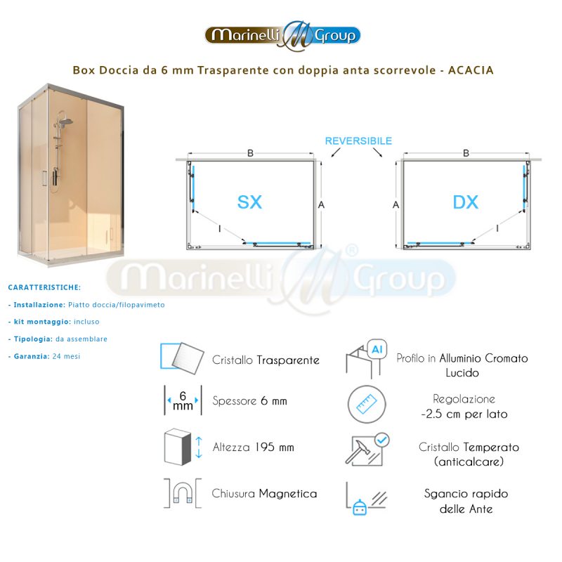 Box doccia angolare 110X110 Acacia trasparente con due ante scorrevoli ARREDO BAGNO