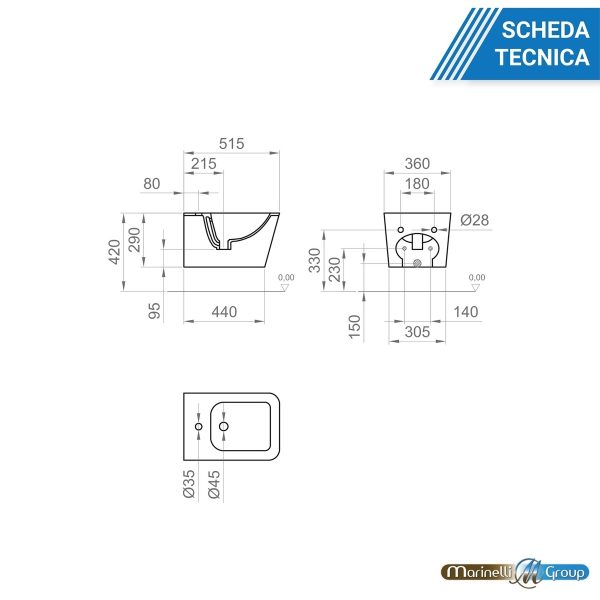 Bidet sospeso filomuro in ceramica Square Sanitari Bagno