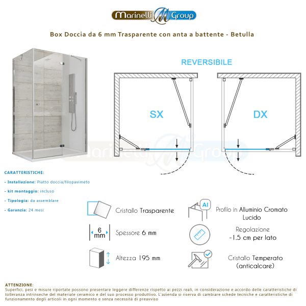 Box doccia angolare 80X120 cm con anta battente Betulla ARREDO BAGNO