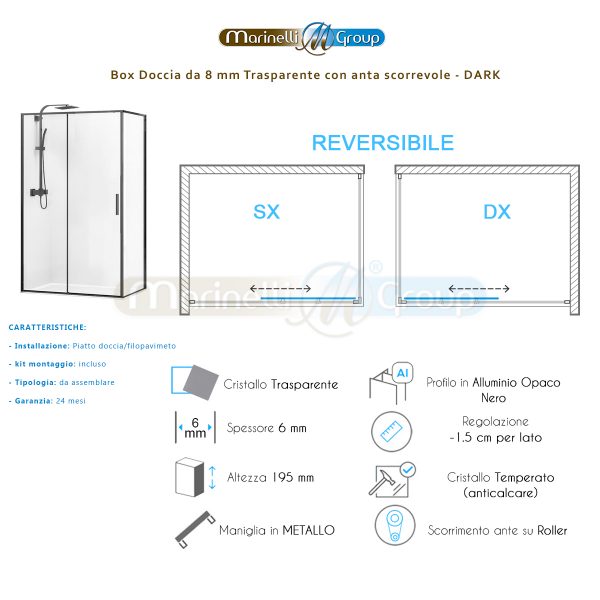 Box doccia 70X120 cm scorrevole profilo nero Dark ARREDO BAGNO