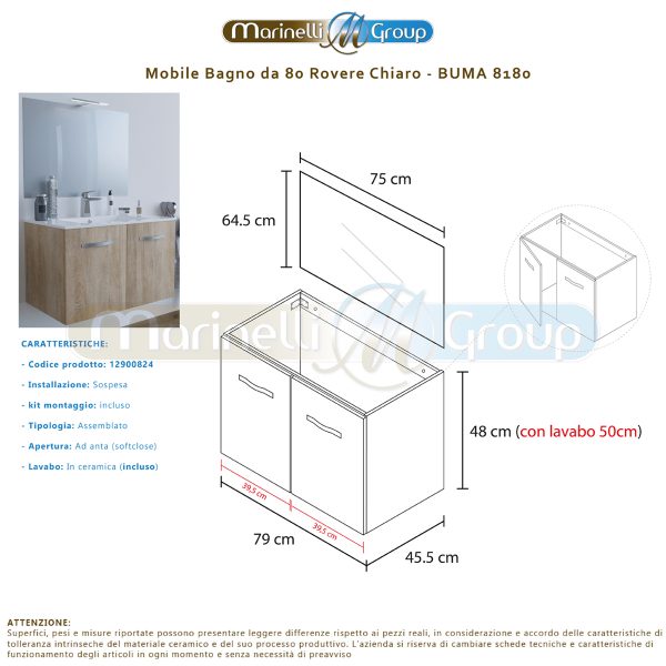 Mobile bagno BUMA80 Rovere Chiaro con lavabo e specchio – 8180 MOBILI BAGNO