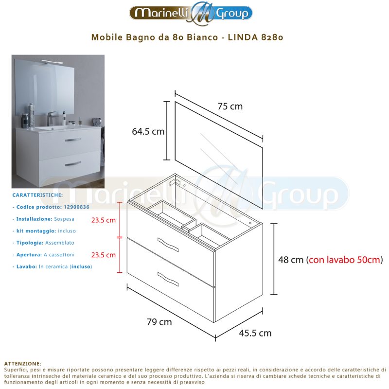 Mobile bagno LINDA80 Bianco con lavabo e specchio – 8280 MOBILI BAGNO