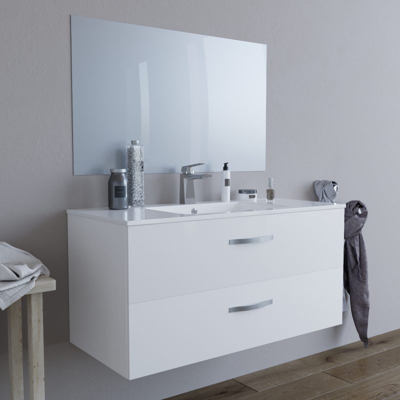 Mobile bagno LINDA100 Bianco semilucido 8210 con lavabo e specchio MOBILI BAGNO