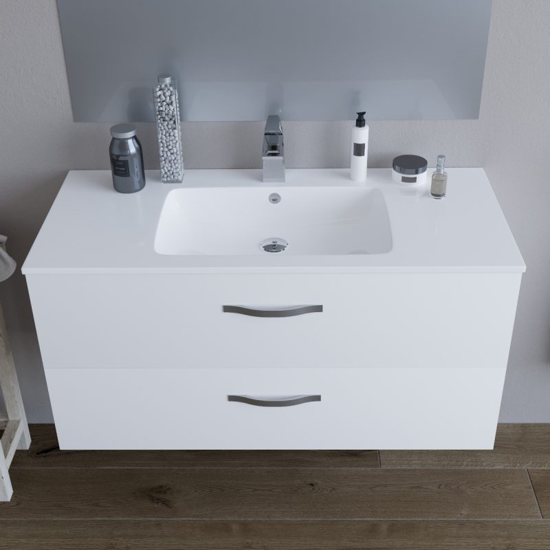 Mobile bagno LINDA100 Bianco semilucido 8210 con lavabo e specchio MOBILI BAGNO