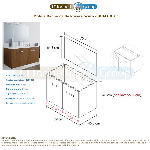 Mobile bagno BUMA80 Rovere scuro 8180 con lavabo e specchio MOBILI BAGNO