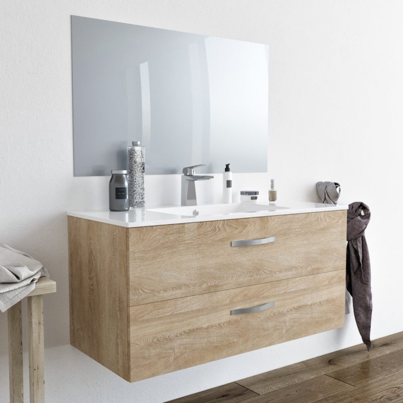 Mobile bagno LINDA100 Rovere Chiaro con lavabo specchio e colonna – 8210 MOBILI BAGNO