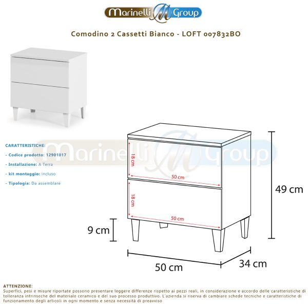 Comodino 2 cassetti bianco lucido camera da letto con piedi 007832BO ARREDO CASA