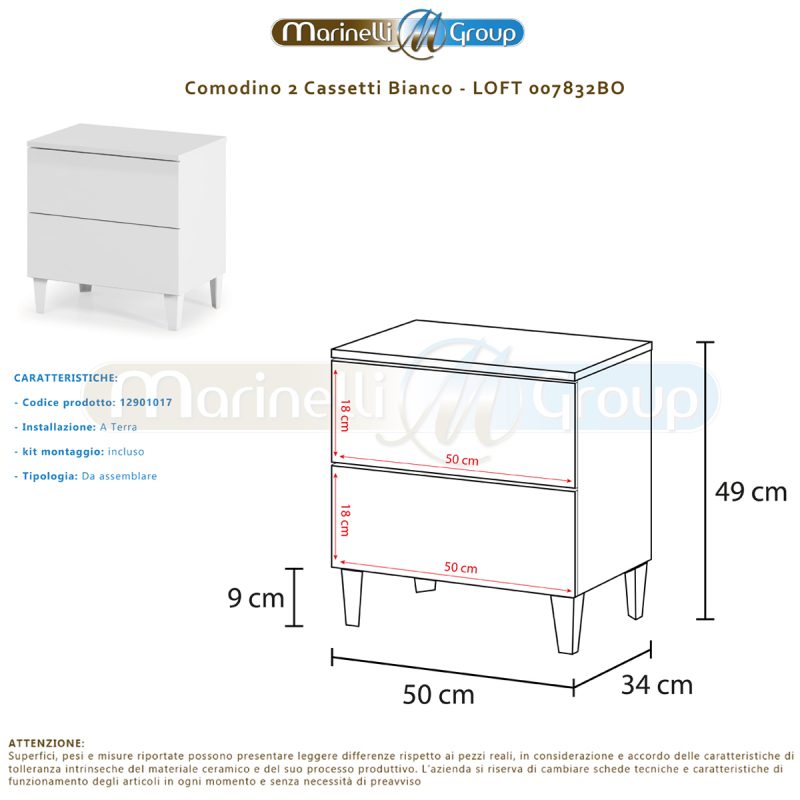 Comodino 2 cassetti bianco lucido camera da letto con piedi 007832BO ARREDO CASA