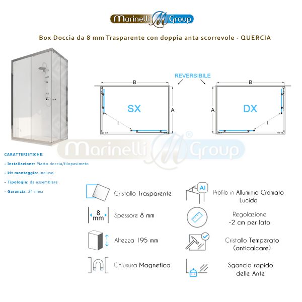 Box doccia angolare 80X140 con due ante scorrevoli trasparenti – Quercia ARREDO BAGNO