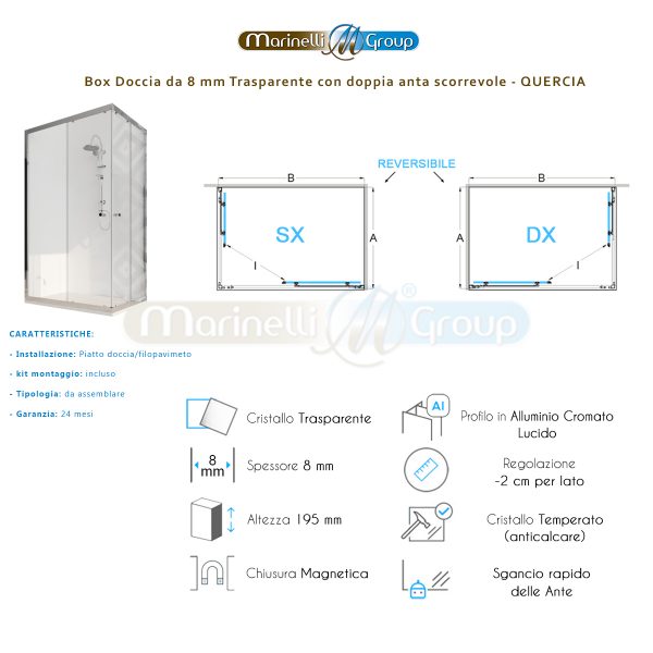 Box doccia angolare 140X140 con due ante scorrevoli trasparenti – Quercia ARREDO BAGNO