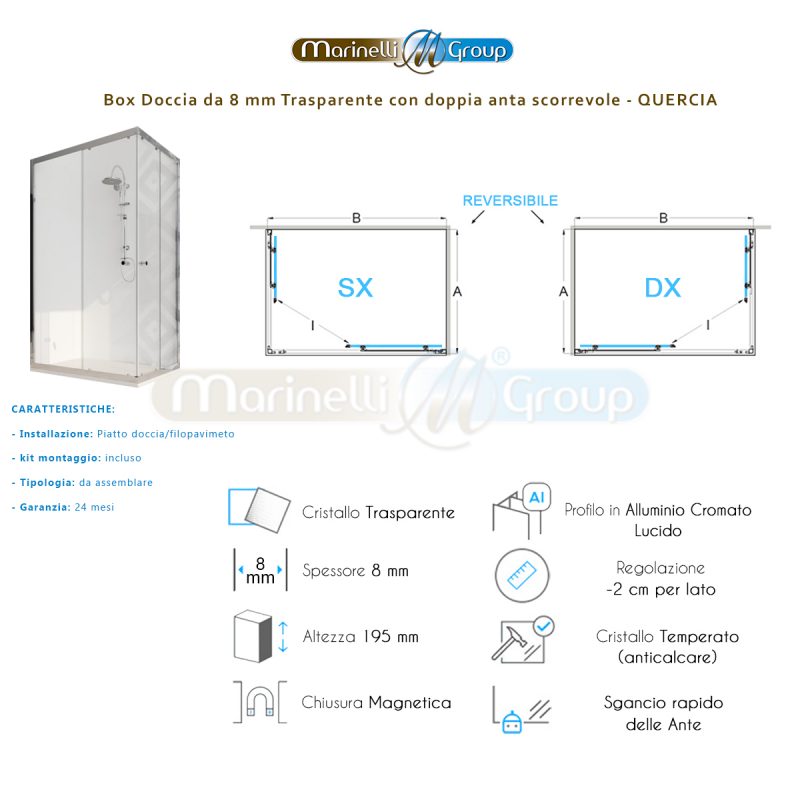 Box doccia angolare 70X90 con due ante scorrevoli trasparenti – Quercia ARREDO BAGNO