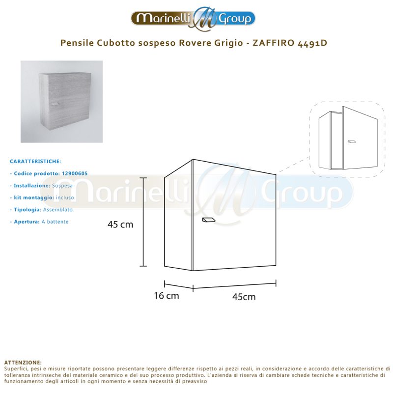 PENSILE CUBO ZAFFIRO revers. Rovere GRIGIO 4491D MOBILI BAGNO