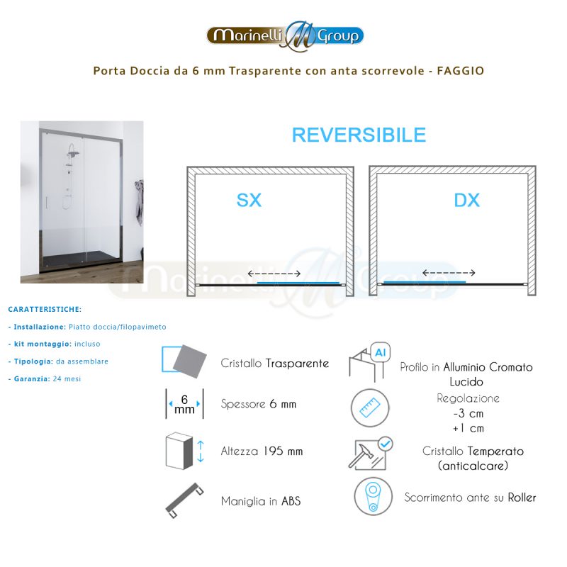 Porta doccia scorrevole 110 cm trasparente Faggio ARREDO BAGNO