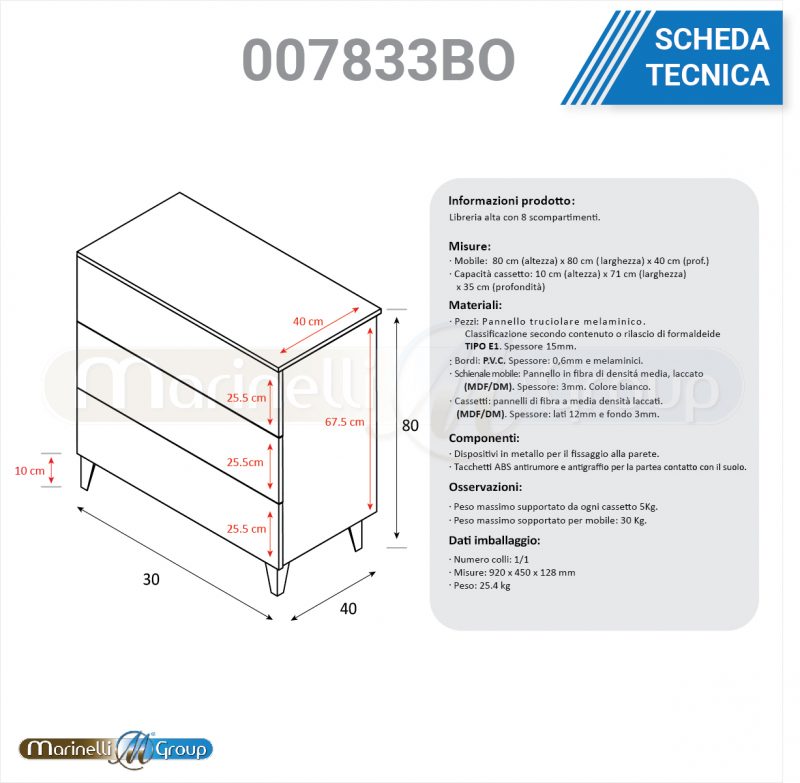 Cassettiera 3 cassetti bianco lucido camera da letto con piedi 007833BO ARREDO CASA