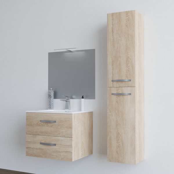 Mobile bagno LINDA60 Rovere chiaro con lavabo specchio e colonna – 8260 MOBILI BAGNO