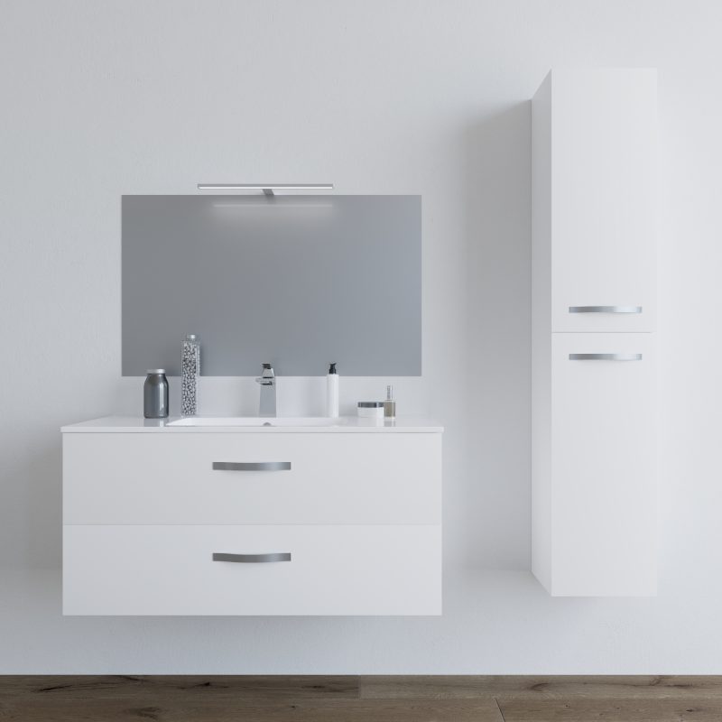 Mobile bagno LINDA100 Bianco con lavabo specchio e colonna – 8210 MOBILI BAGNO