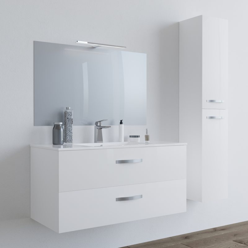 Mobile bagno LINDA100 Bianco con lavabo specchio e colonna – 8210 MOBILI BAGNO