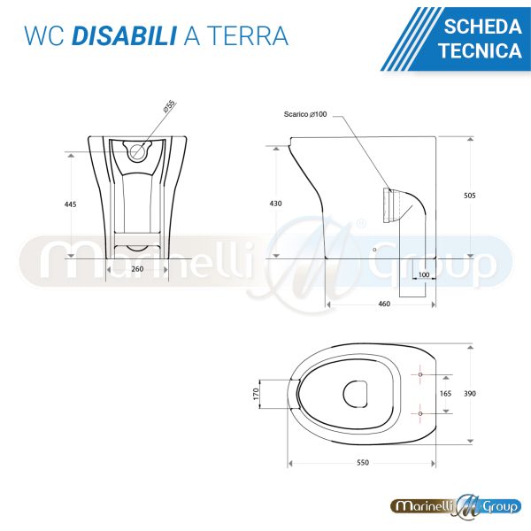 Vaso WC Disabili e Anziani in ceramica scarico pavimento con coprivaso Sanitari Bagno