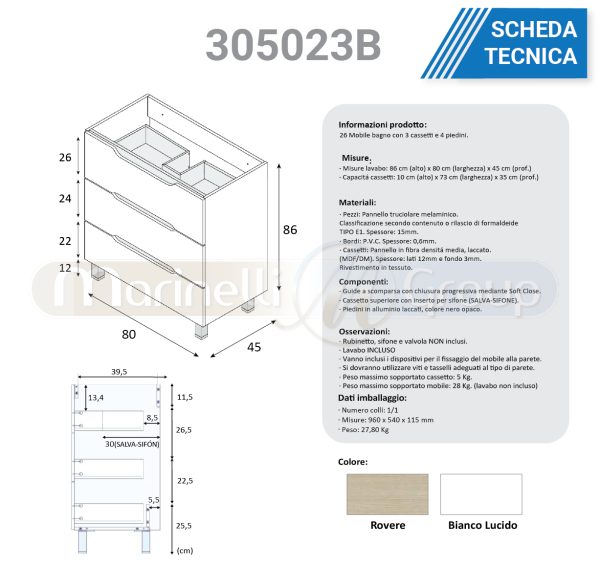 Mobile bagno a terra da 80 cm 3 cassetti bianco lucido rovere 305023B MOBILI BAGNO