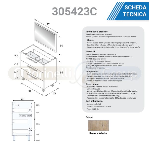 Mobile bagno a terra da 80 cm 3 cassetti rovere alaska 305423C MOBILI BAGNO