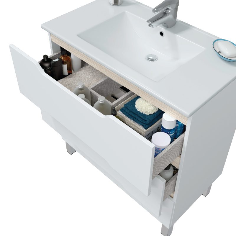 Mobile bagno a terra da 80 cm 3 cassetti bianco lucido rovere 305023B MOBILI BAGNO