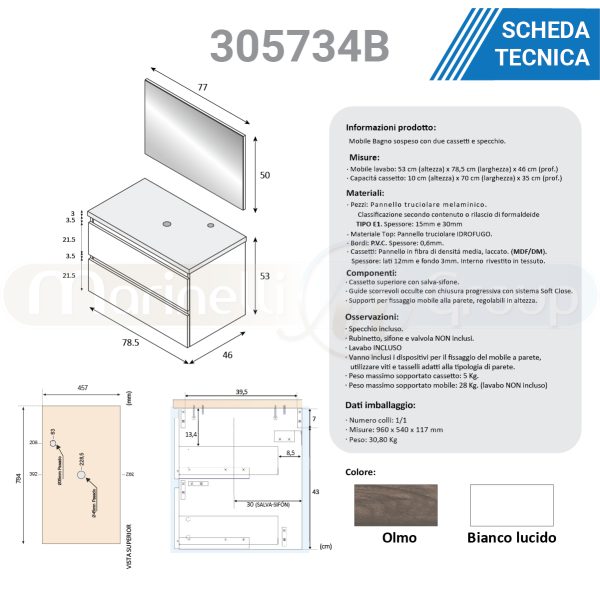 Mobile bagno sospeso da 80 cm bacinella bianco lucido 305734B MOBILI BAGNO