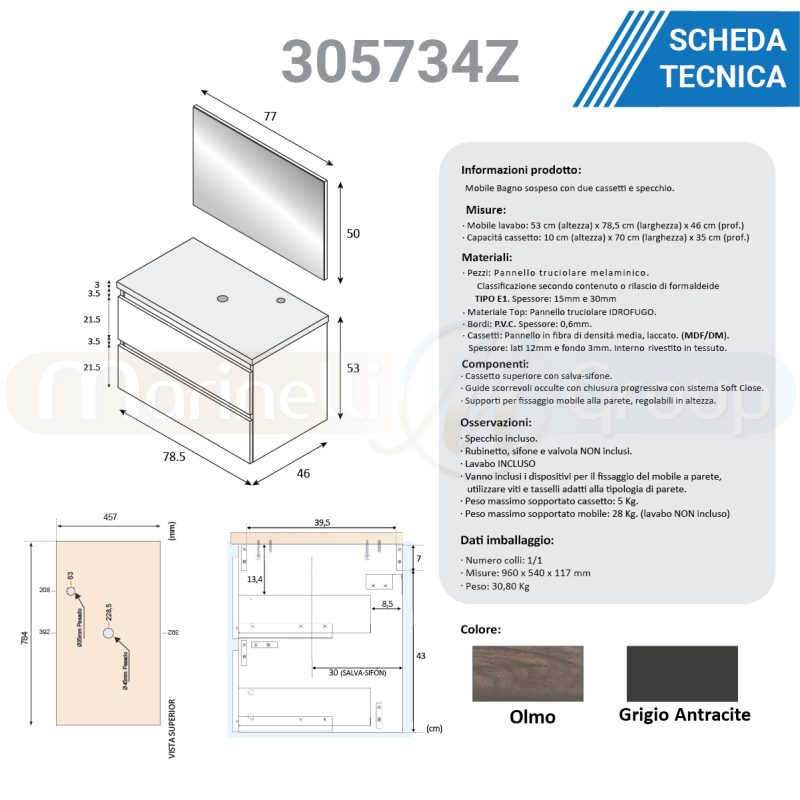 Mobile bagno sospeso da 80 cm bacinella grigio antracite 305734Z MOBILI BAGNO