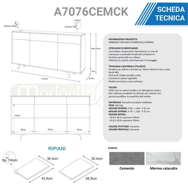 Mobile credenza madia con 3 cassetti cemento calacatta A7076CEMCK ARREDO CASA