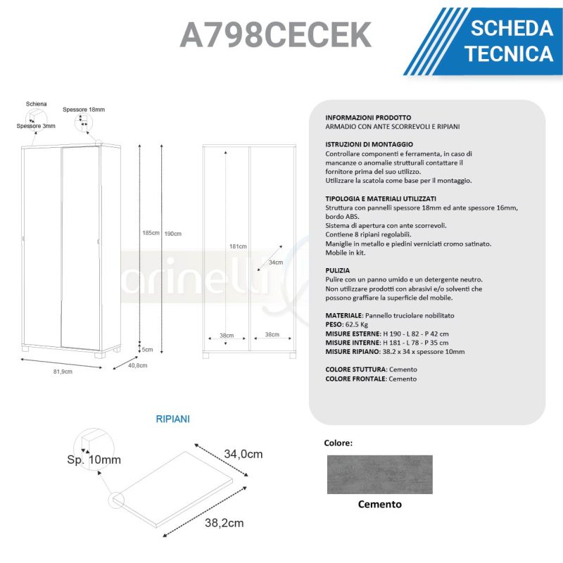Armadio con ante scorrevoli e ripiani cemento A798CECEK Armadi e Comodini