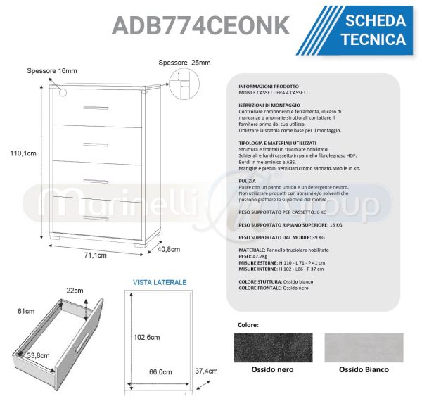 Mobile cassettiera con 4 cassetti ossido nero cemento ADB774CEONK Armadi e Comodini