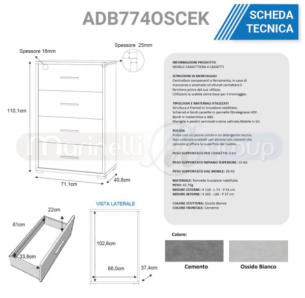 Mobile cassettiera con 4 cassetti cemento ossido bianco ADB774OSCEK Armadi e Comodini