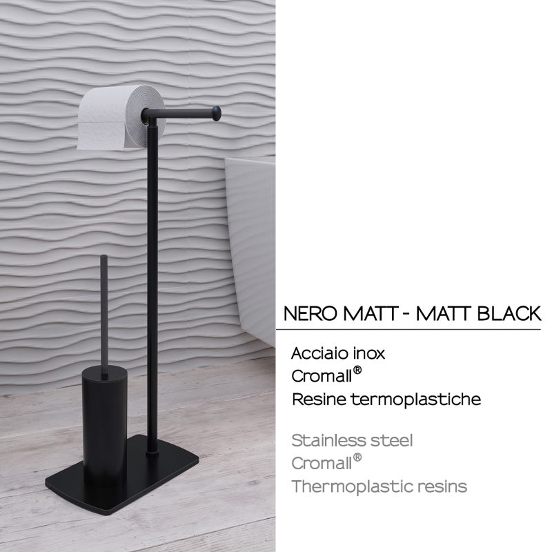 Piantana portarotolo e portascopino in acciaio inox nero matt Gedy Florida Accessori bagno