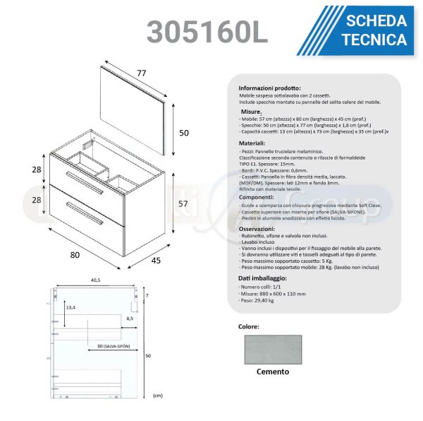 Composizione bagno Dafne 305160L da 80 cm Dafne con colonna e specchio MOBILI BAGNO