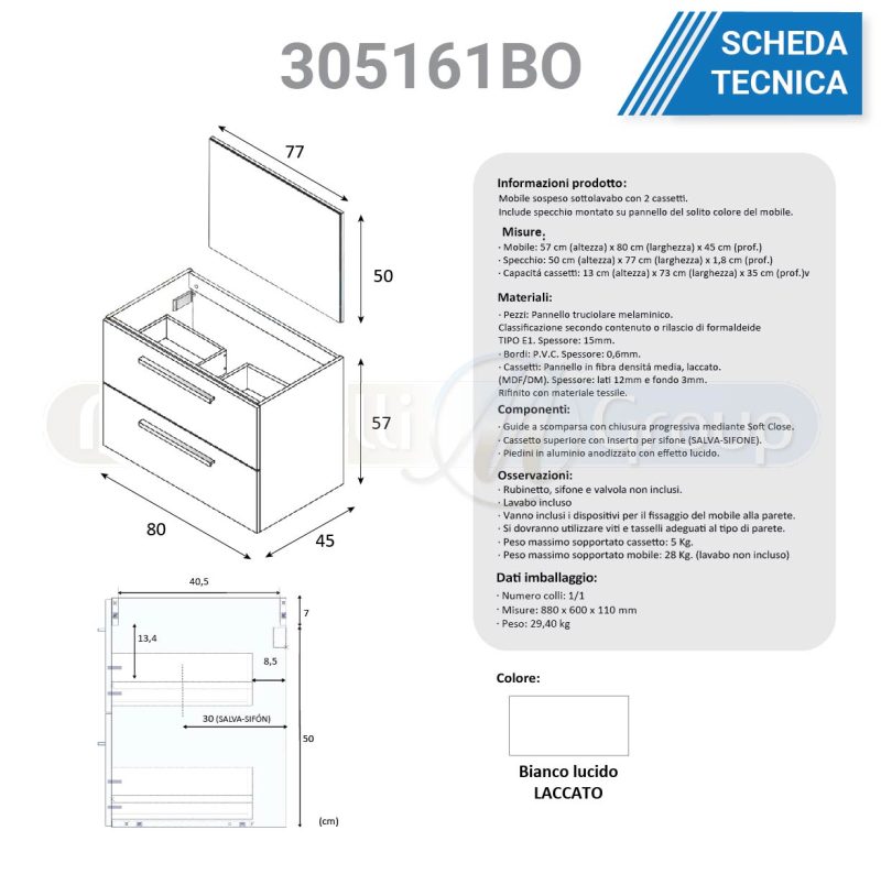 Mobile bagno Melissa 305161BO sospeso da 80 cm MOBILI BAGNO