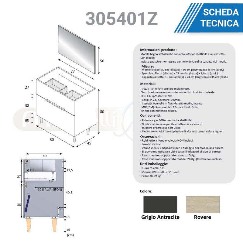 Mobile bagno da 80 cm a terra grigio antracite 305401Z con colonna 305405Z MOBILI BAGNO