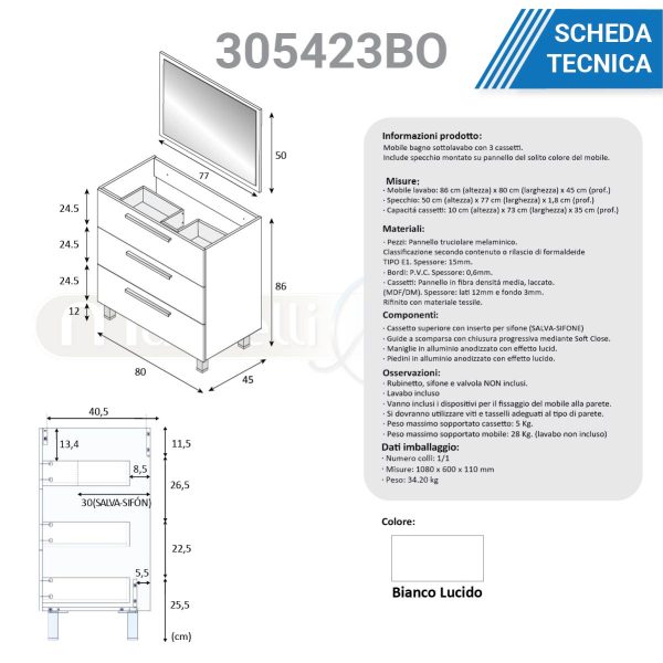 Mobile bagno a terra da 80 cm bianco lucido 305423BO con colonna 305280BO MOBILI BAGNO