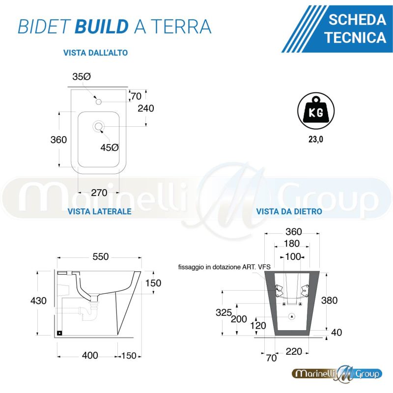 Azzurra Bidet e Vaso WC a terra filomuro con sedile coprivaso softclose Build Sanitari Bagno