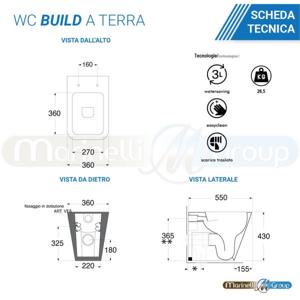 Azzurra Bidet e Vaso WC a terra filomuro con sedile coprivaso softclose Build Sanitari Bagno