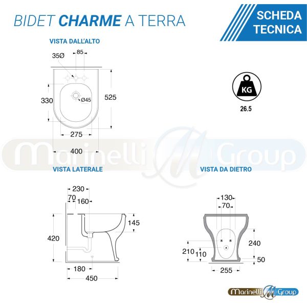 Azzurra Bidet e Vaso WC a terra filomuro con sedile coprivaso softclose Charme Sanitari Bagno