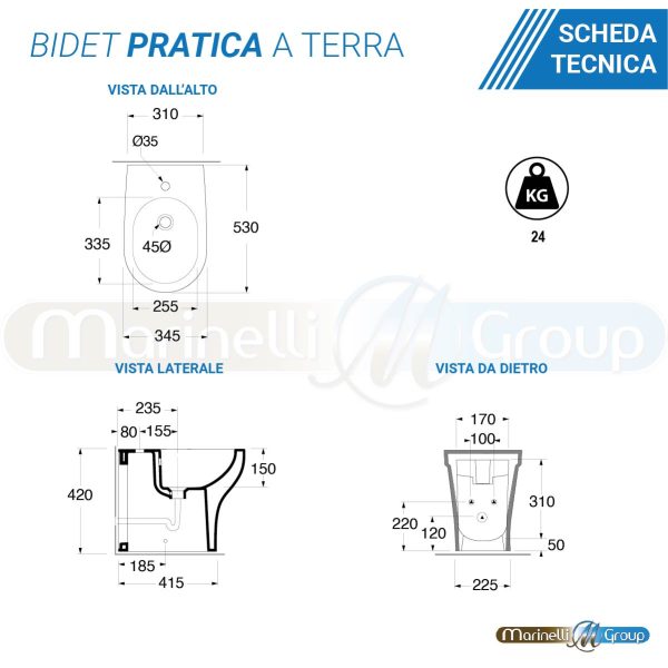 Azzurra Bidet a terra filomuro Pratica Sanitari Bagno