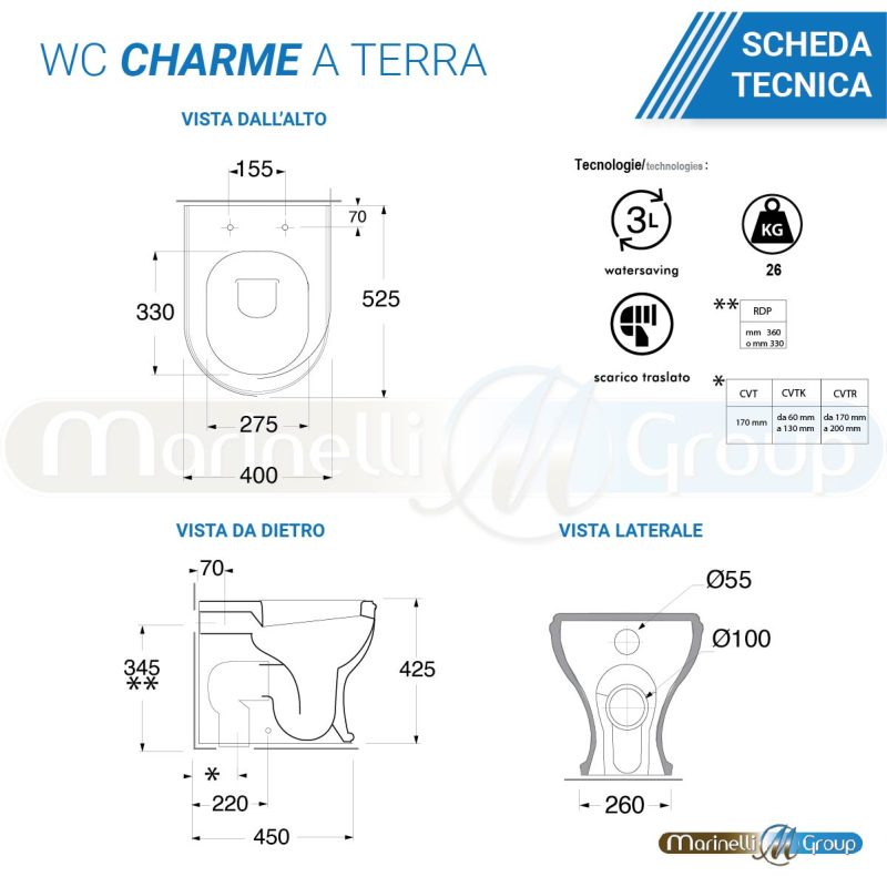 Azzurra Bidet e Vaso WC a terra filomuro con sedile coprivaso softclose Charme Sanitari Bagno